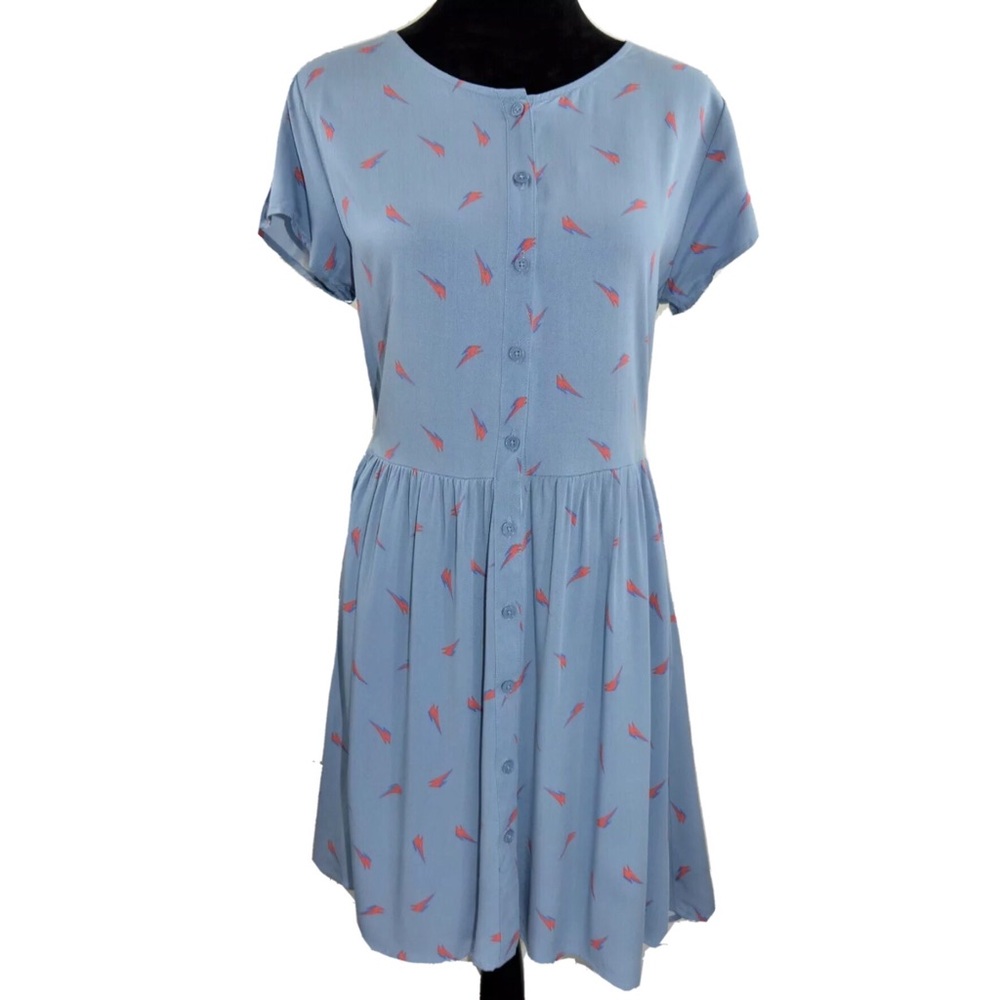 David Bowie Dress by Junkfood Lightning Bolts Size L Large Blue Tie Waist NWT